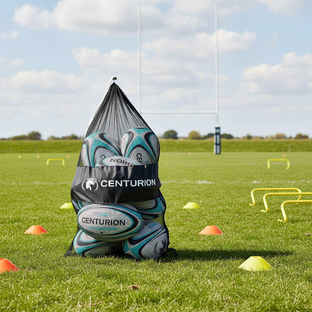 Centurion sports bag with rugby balls on a grass field