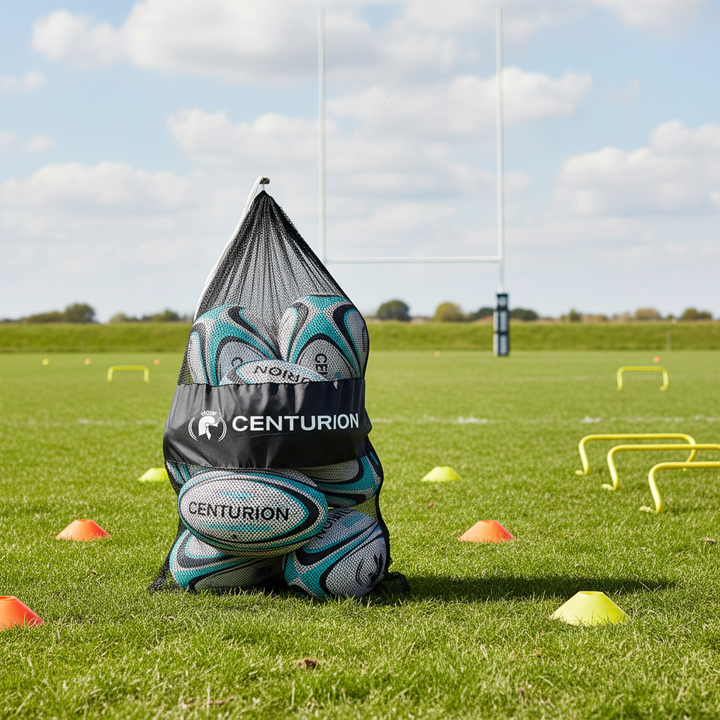 Centurion sports bag with rugby balls on a grass field